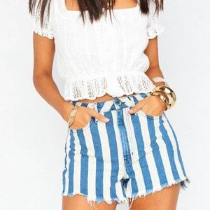 NEW BLUE STRIPED DENIM SHORTS WITH POCKETS